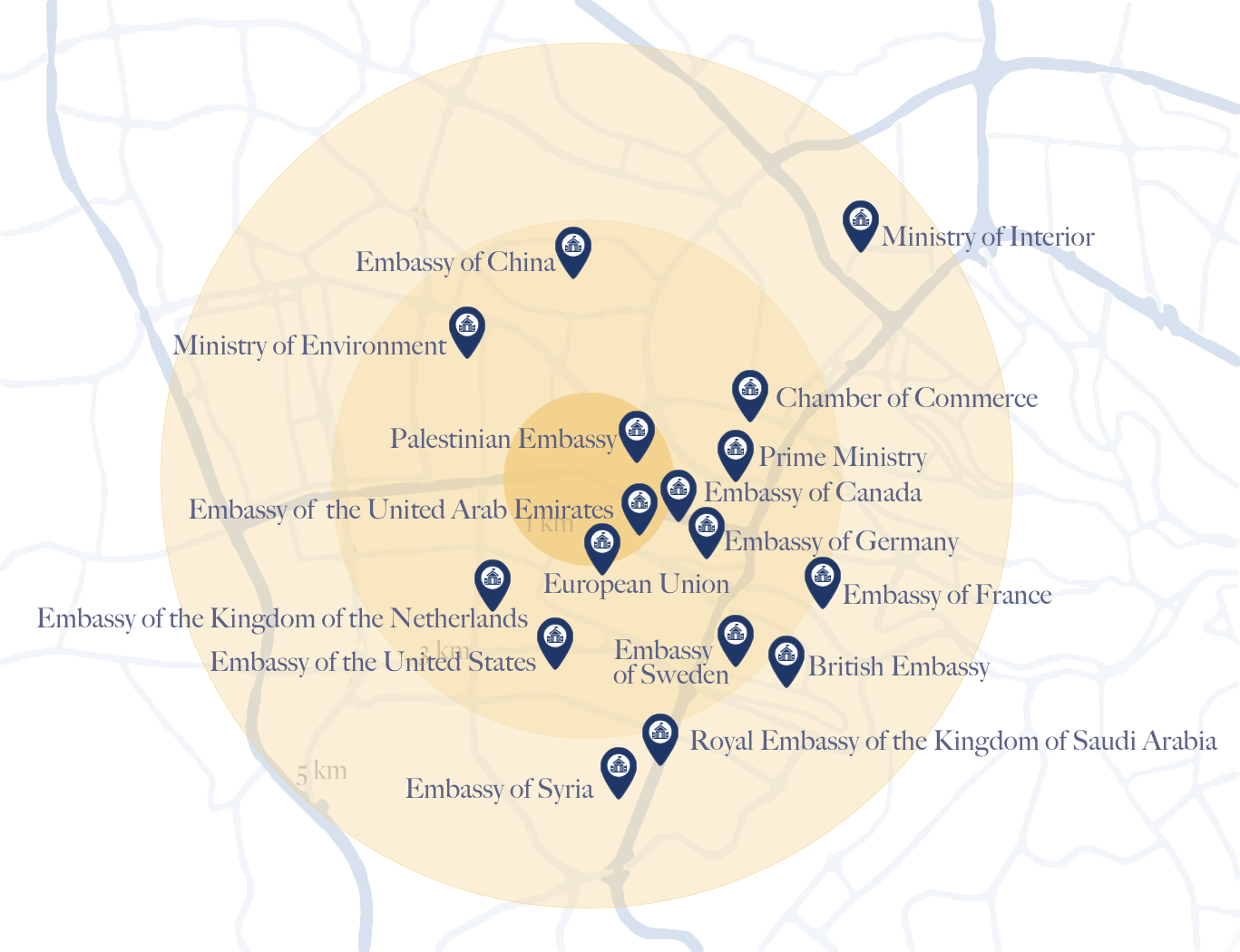 Map of Embassies around The Ritz-Carlton Residences, Amman