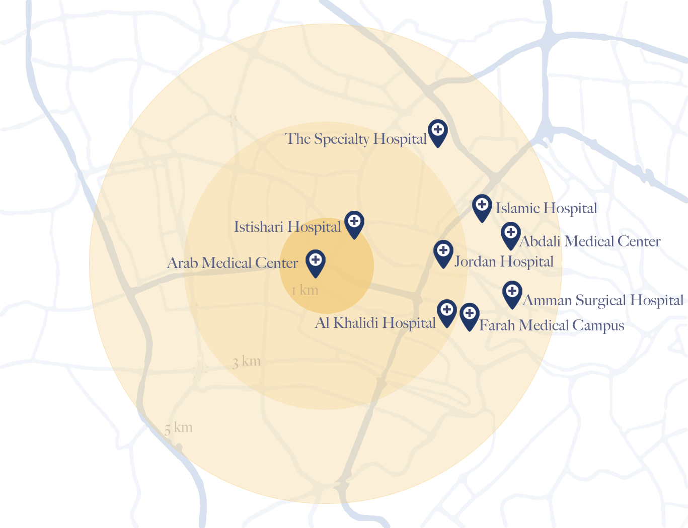 Map of Hospitals around The Ritz-Carlton Residences, Amman