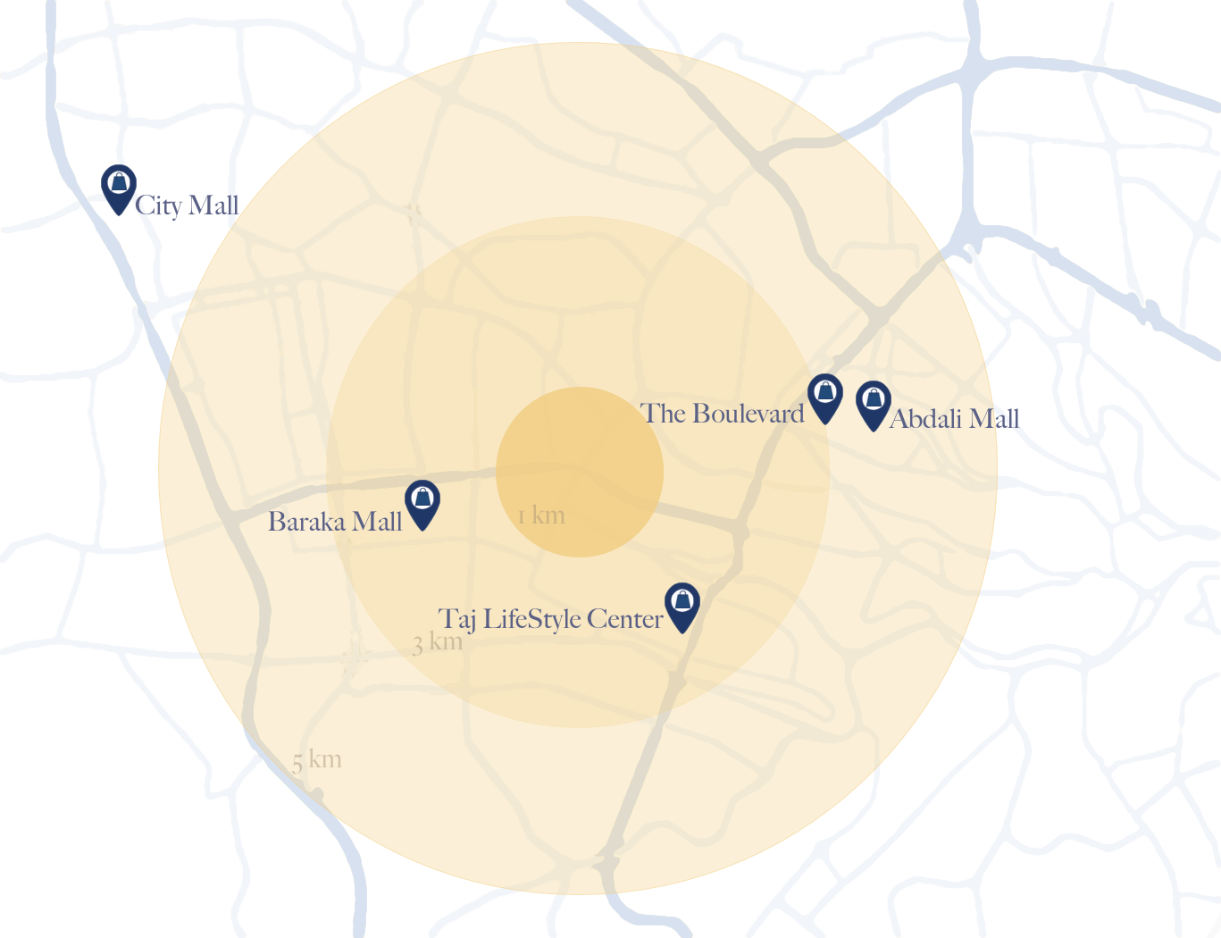 Map of Shopping Centers around The Ritz-Carlton Residences, Amman